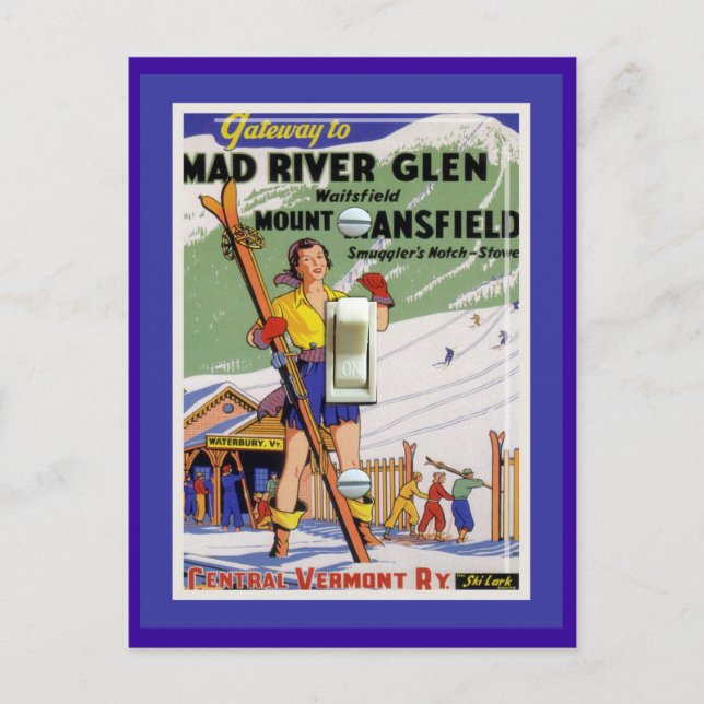 Postal Poster de esquí de época, Glen del río Mad (Anverso)