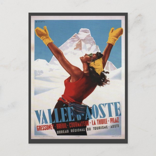 Postal Poster de esquí de época, Italia, Val d'Aosta (Anverso)