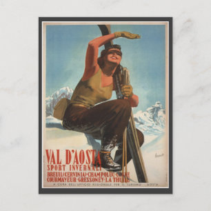 Postal Poster de esquí de época, Italia, Val d'Aosta
