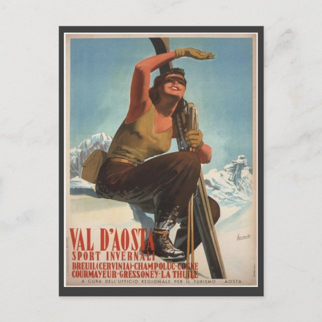 Postal Poster de esquí de época, Italia, Val d'Aosta (Anverso)