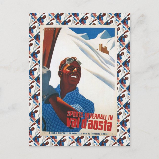 Postal Poster de esquí de época, Italia, Val d'Aosta (Anverso)