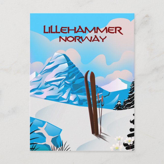 Postal Poster de esquí de Lillehammer Noruega. (Anverso)