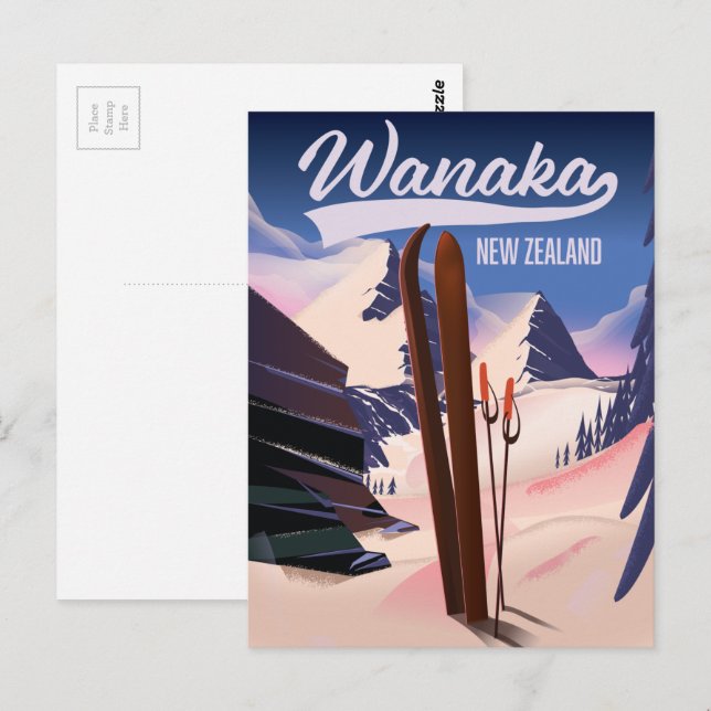 Postal Póster de esquí de Wanaka Nueva Zelanda (Anverso / Reverso)