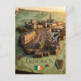 Postal Póster de ilustración de mapa 3D de Limerick Irlan