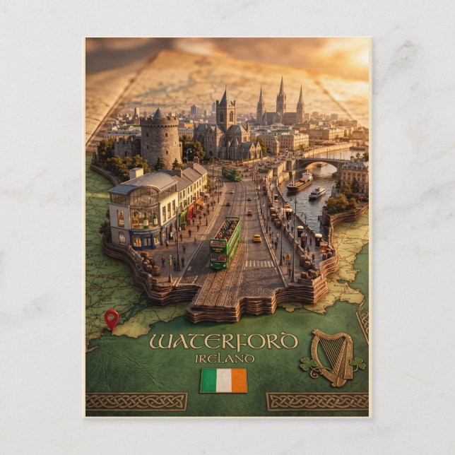 Postal Póster de ilustración de mapa 3D de Waterford Irla (Anverso)