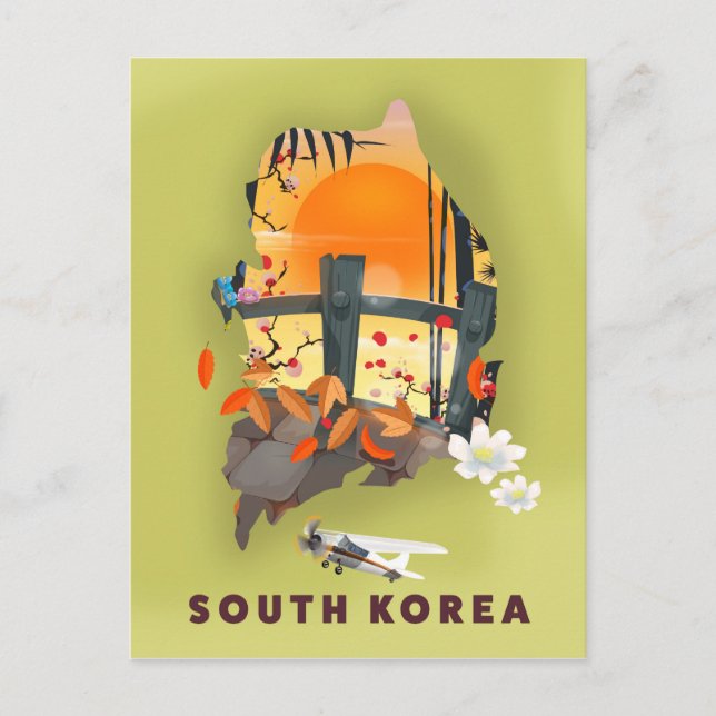 Postal Póster de mapa ilustrado de Corea del Sur (Anverso)