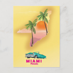Postal Póster de mapa ilustrado de Miami Florida