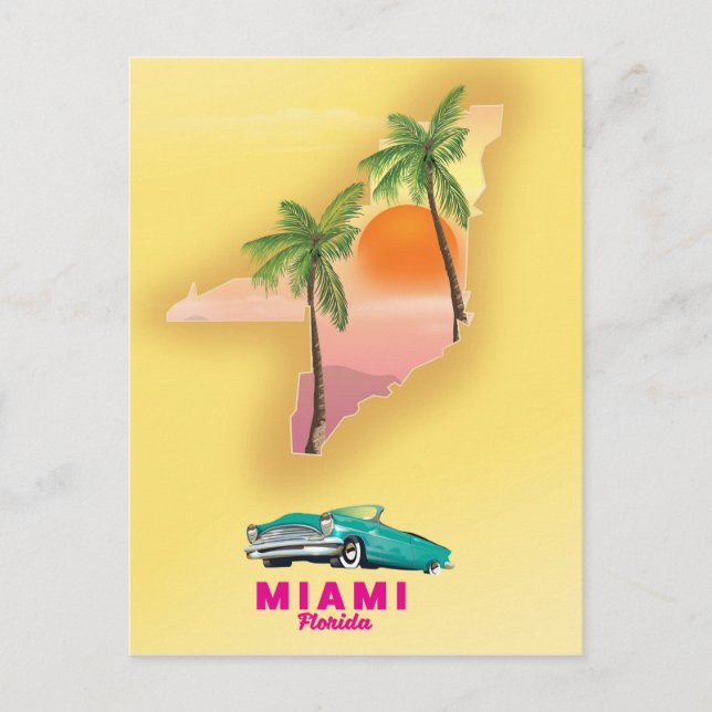 Postal Poster de mapas ilustrado de Miami Florida (Anverso)