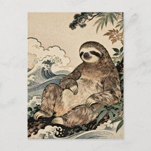 Postal Póster de Perezoso al Estilo Japonés – Arte Animal