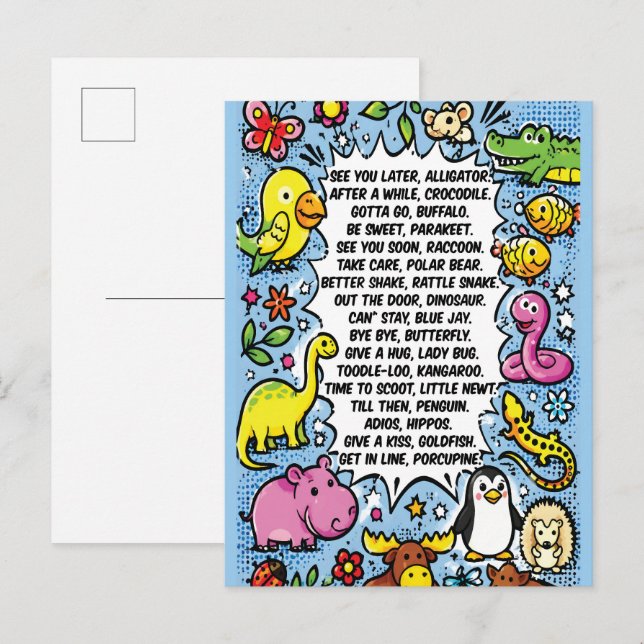 Postal Póster de Rima de Adiós Cocodrilo – Animal Cute (Anverso / Reverso)