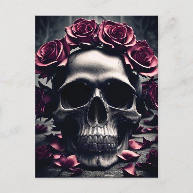 Postal Póster de Rosa Oscura Gótica y Cráneo (Anverso)