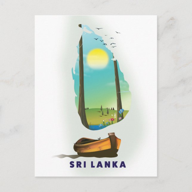 Postal Poster de turismo de mapas ilustrado de Sri Lanka. (Anverso)