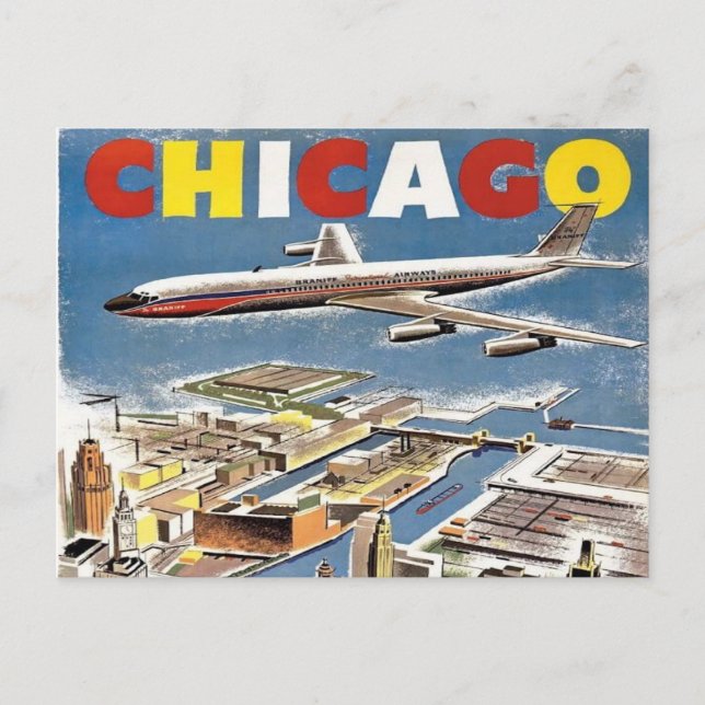 Postal poster de turismo de viajes de chicago avión retro (Anverso)