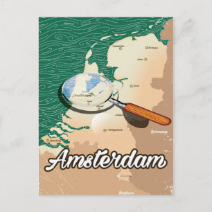 Postal Poster de vacaciones en el mapa vintage de Amsterd
