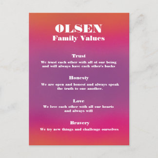 Postal Poster de valores de nombre de familia personaliza