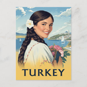Postal Póster de viaje a Turquía con mujer sonriente y co