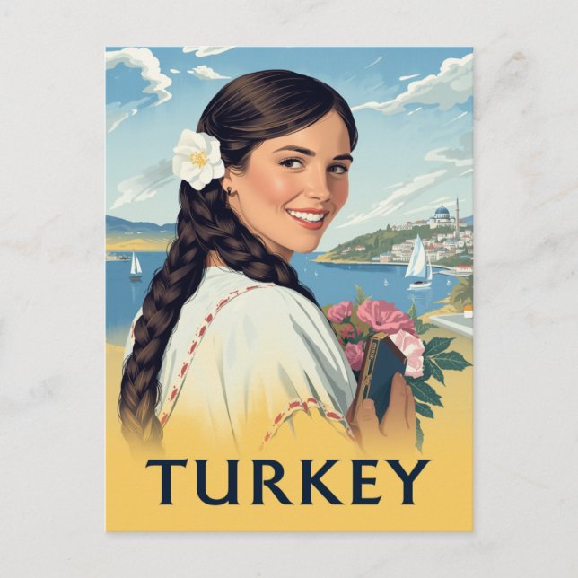 Postal Póster de viaje a Turquía con mujer sonriente y co (Anverso)
