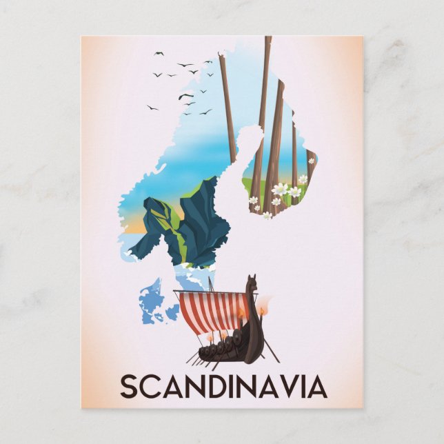 Postal Póster de viaje de Escandinavia Mapa Vikingo (Anverso)