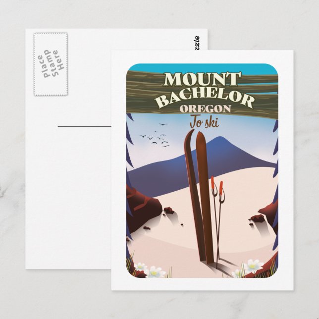 Postal Póster de viaje de esquí de Mount Bachelor Oregon (Anverso / Reverso)