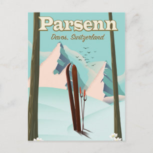 Postal Póster de viaje de esquí de Parsenn Suiza.