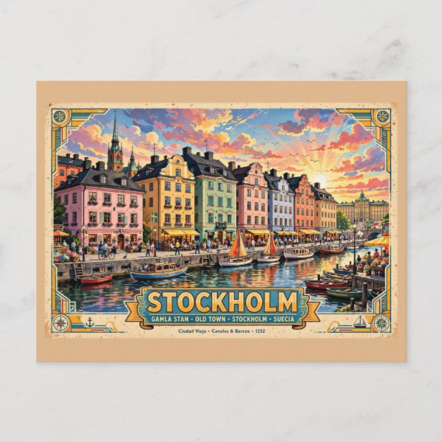 Postal Póster de viaje de Gamla Stan de Estocolmo (Anverso)