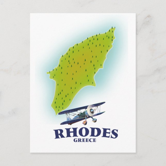 Postal Póster de viaje del mapa de la isla de Rodas, Grec (Anverso)