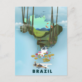 Postal Póster de viaje ilustrado del mapa de Brasil
