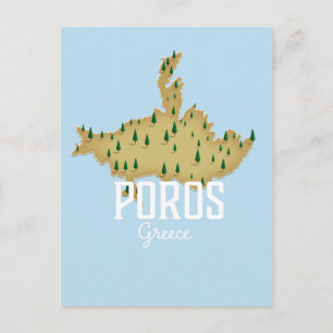 Postal Póster de viaje ilustrado del mapa griego de Poros