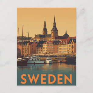 Postal Póster de viaje vintage de Suecia Vista del puerto