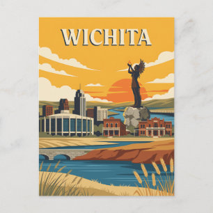 Postal Póster de viaje vintage del frente del río Wichita