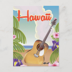 Postal Poster de viajes con guitarra acústica hawaiana.