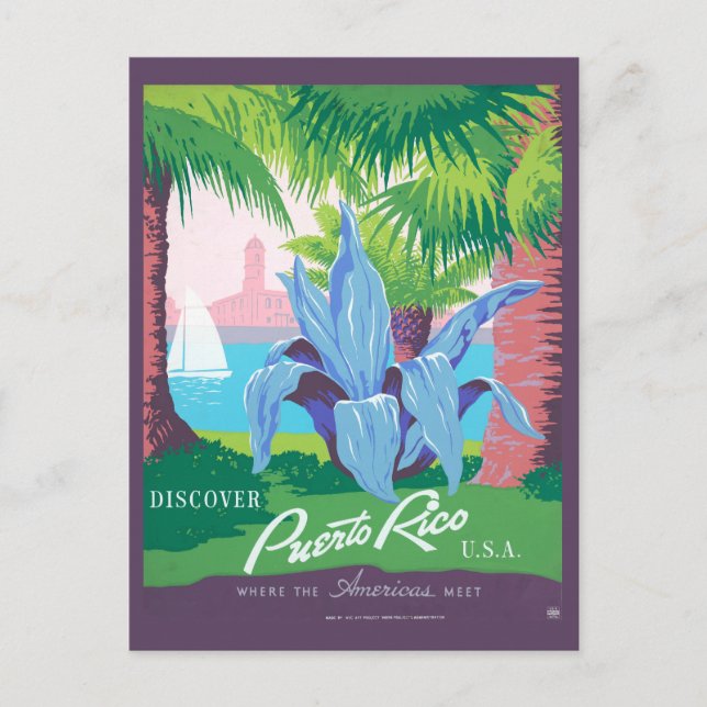 Postal Poster de viajes de época promocionando Puerto Ric (Anverso)