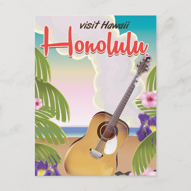 Postal Poster de viajes Honolulu acústica de guitarra vin (Anverso)