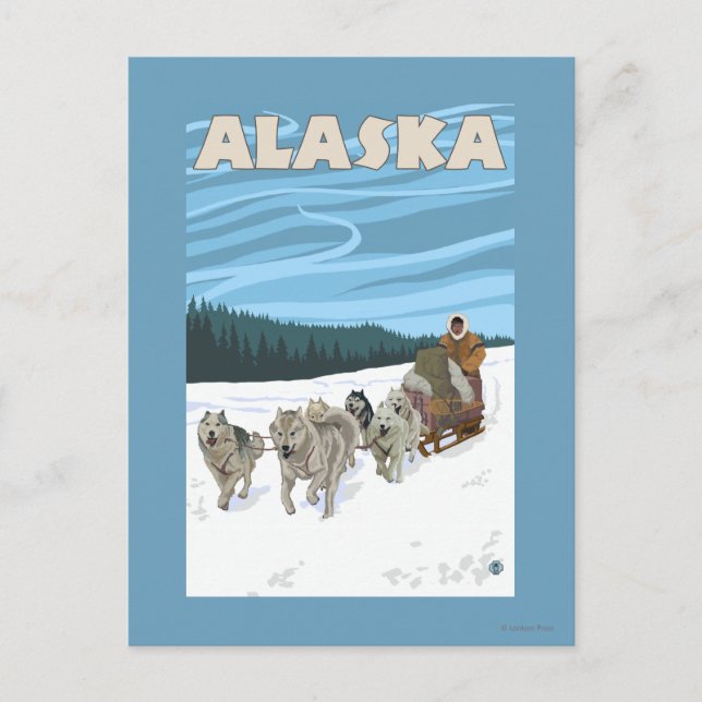 Postal Poster de Viajes Vintage de Alaska Dogsledding (Anverso)