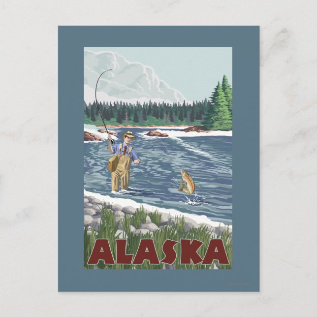 Postal Poster de Viajes Vintage de AlaskaFly Fisherman (Anverso)