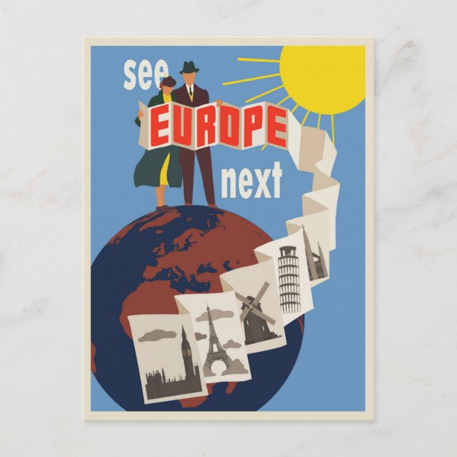Postal Poster de Viajes Vintage de Europa (Anverso)