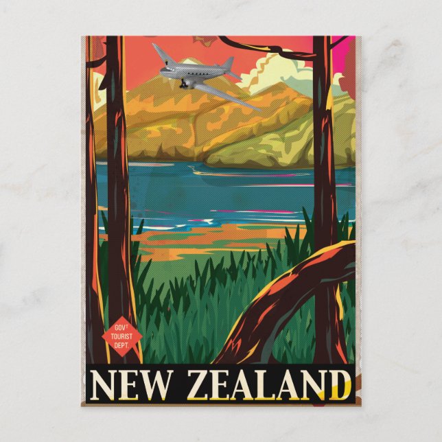 Postal Poster de Viajes Vintage de Nueva Zelanda (Anverso)