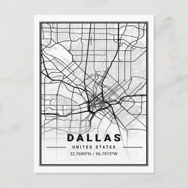 Postal Poster del mapa de ciudades de viaje de Dallas Tex (Anverso)