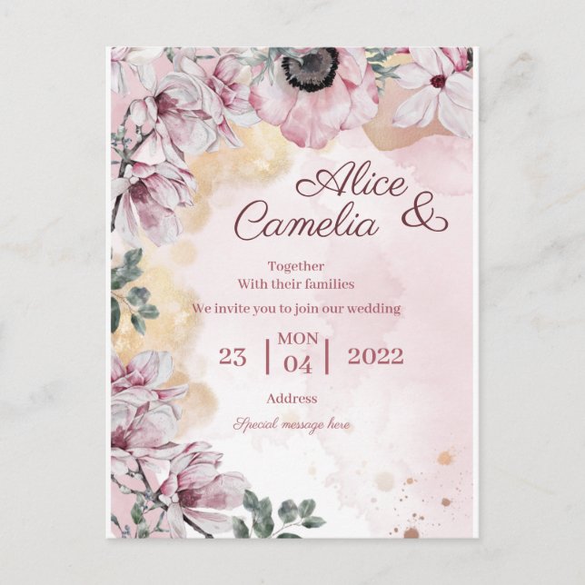 Postal poster elegante flores rosadas con oro (Anverso)