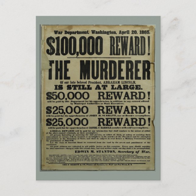 Postal Poster homicida John Wilkes Booth Lincoln (Anverso)
