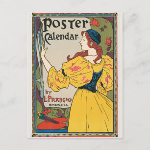 Postal Póster vintage de mujer Art Nouveau con vestido am