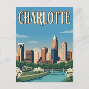 Postal Póster vintage del horizonte de Charlotte Carolina