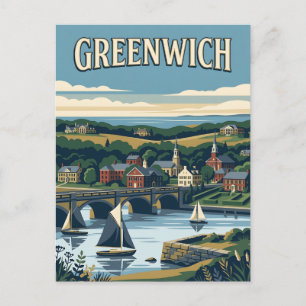 Postal Póster Vintage del Puerto de Greenwich Connecticut