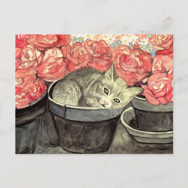 Postal Postkarte Aquarell "Kätzchen im Blumentopf" (Anverso)