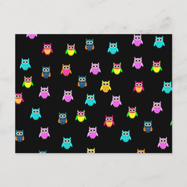 Postal Postkarte schwarz mit bunten Eulen (Anverso)