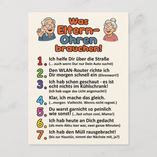 Postal Postkarte „Was Eltern-Ohren brauchen“  (Anverso)