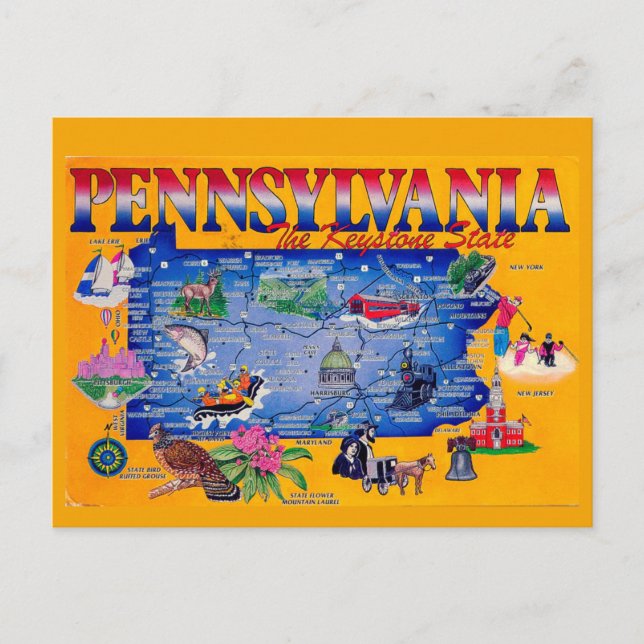 Postal Posttarjeta del mapa del estado clave de Pennsylva (Anverso)