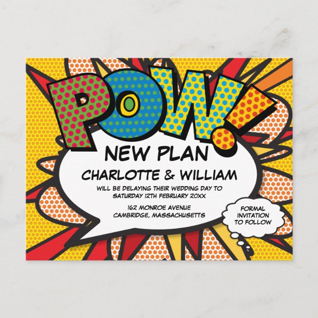 Postal POW Pospuesto Cambio de Fecha Cómic Arte Pop (Anverso)