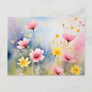 Postal Pradera con flores silvestres rosas y amarillas