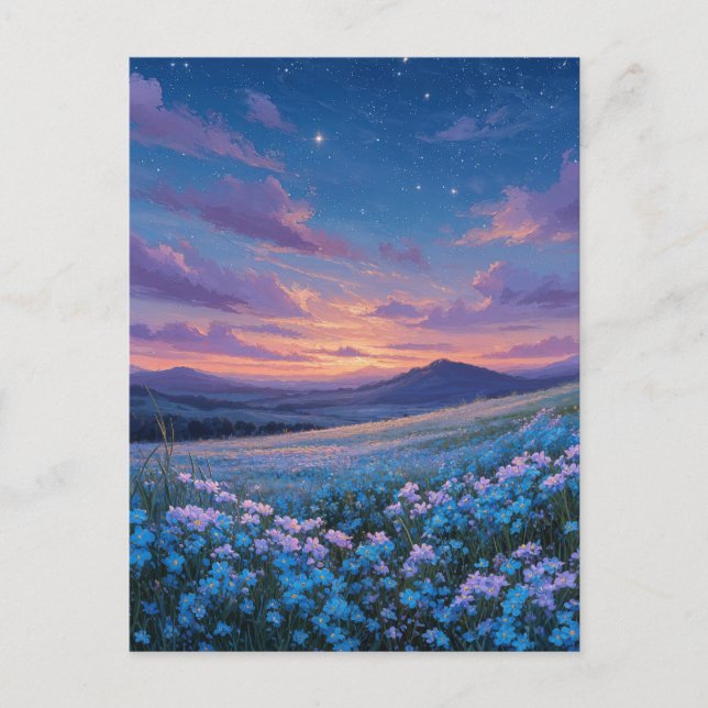 Postal Pradera de flores silvestres azules luminosas al a (Anverso)